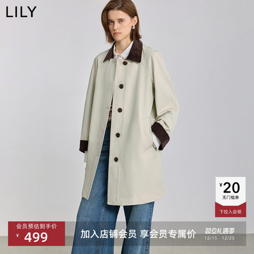 LILY巴恩撞色翻领中长款休闲风衣