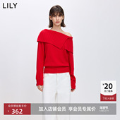 含羊毛圣诞一字肩露肩红色慵懒风针织衫 LILY2026春新款 女装 毛衣