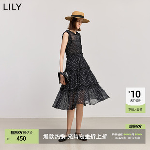 LILY2026夏新款法式复古碎花轻薄花边无袖高腰显瘦连衣裙小黑裙女