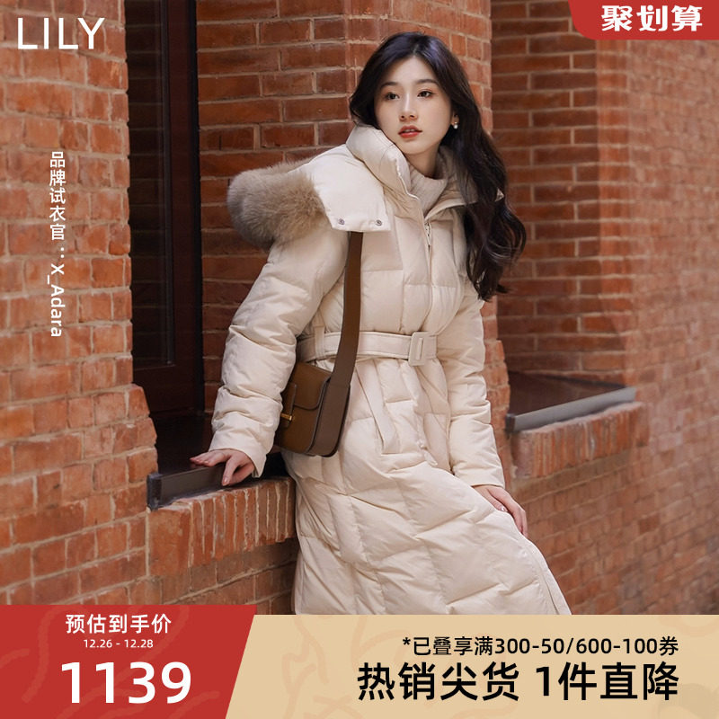 LILY2023冬新款女装连帽狐狸毛领白鸭绒直筒中长款羽绒服保暖外套