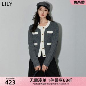 LILY2024春新款女装复古优雅小香风含绵羊毛通勤叠穿针织开衫外套