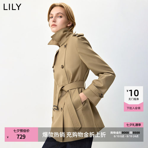 LILY通勤廓形双排扣收腰长袖风衣