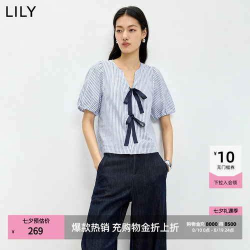 LILY通勤蝴蝶结棉麻短袖混纺衬衫