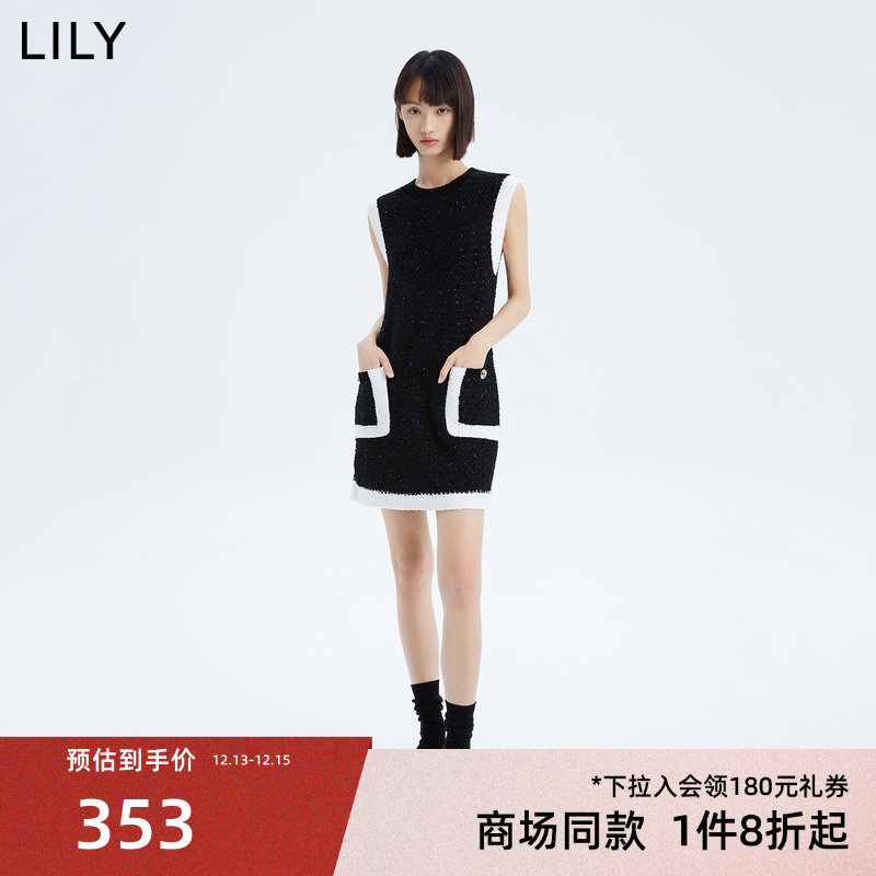 【商场同款】LILY2023新款女装别致时尚拼接优雅通勤无袖连衣裙
