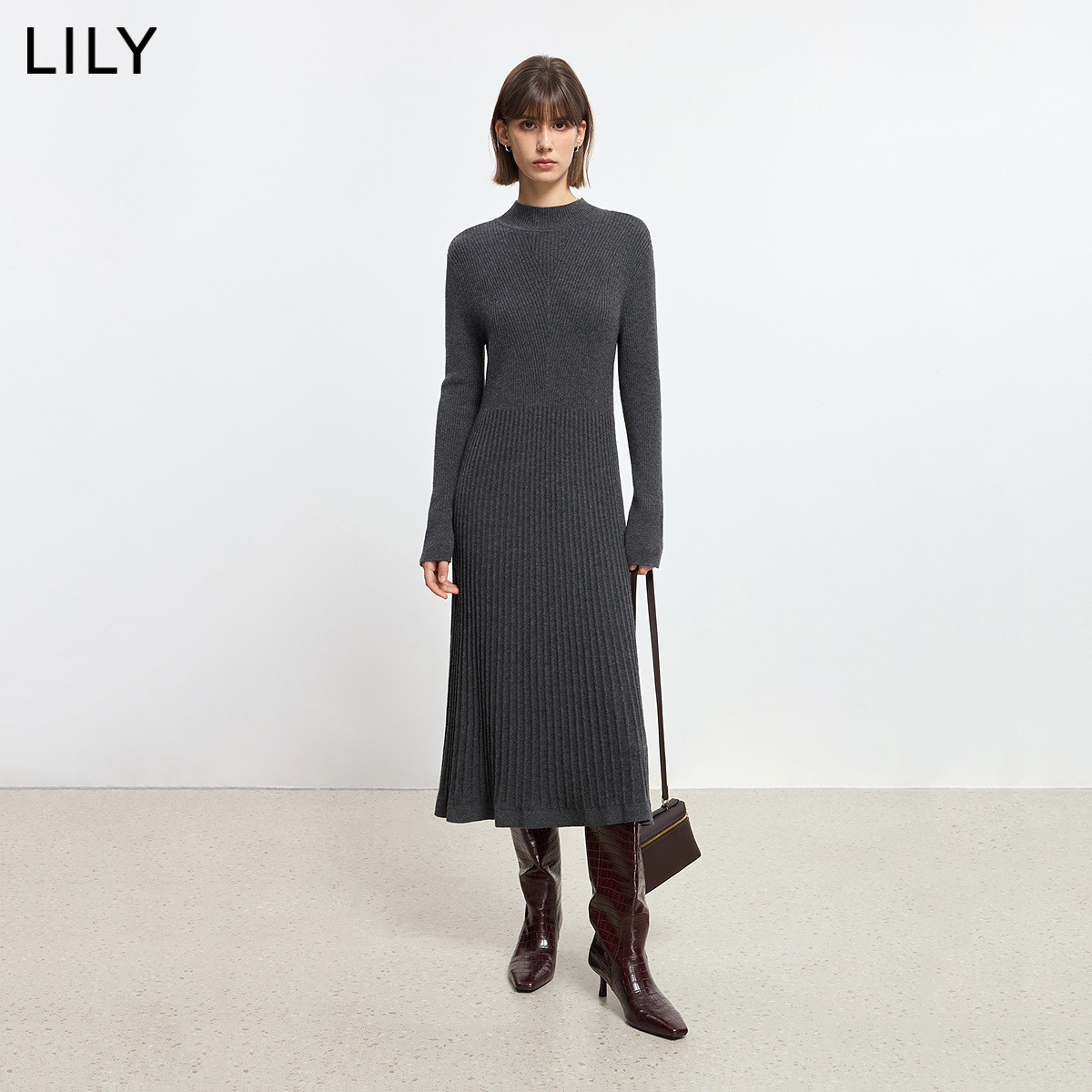 【100%绵羊毛】商场同款LILY2025冬新款女装半高领修身针织连衣裙