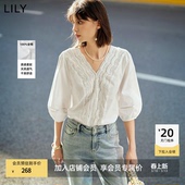 套头雪纺衬衫 LILY春夏新款 掐腰蕾丝白色上衣泡泡短袖 全棉法式 女装