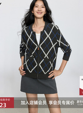 LILY2025新款女装含羊毛格雷系费尔岛撞色格纹灰色针织开衫外套