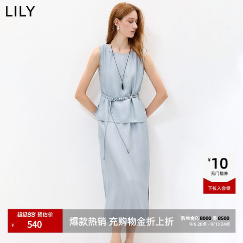 100%醋酸LILY2026夏新款法式假两件收腰气质通勤无袖圆领连衣裙女