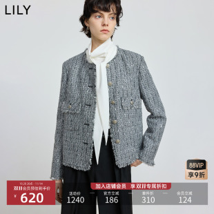 LILY2025冬新款 含羊毛格雷系小香风粗花呢气质通勤灰色外套女短款