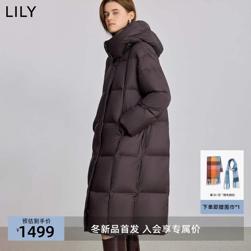 LILY2025冬新款复古连帽90鸭绒宽松休闲通勤泡芙羽绒服外套女长款