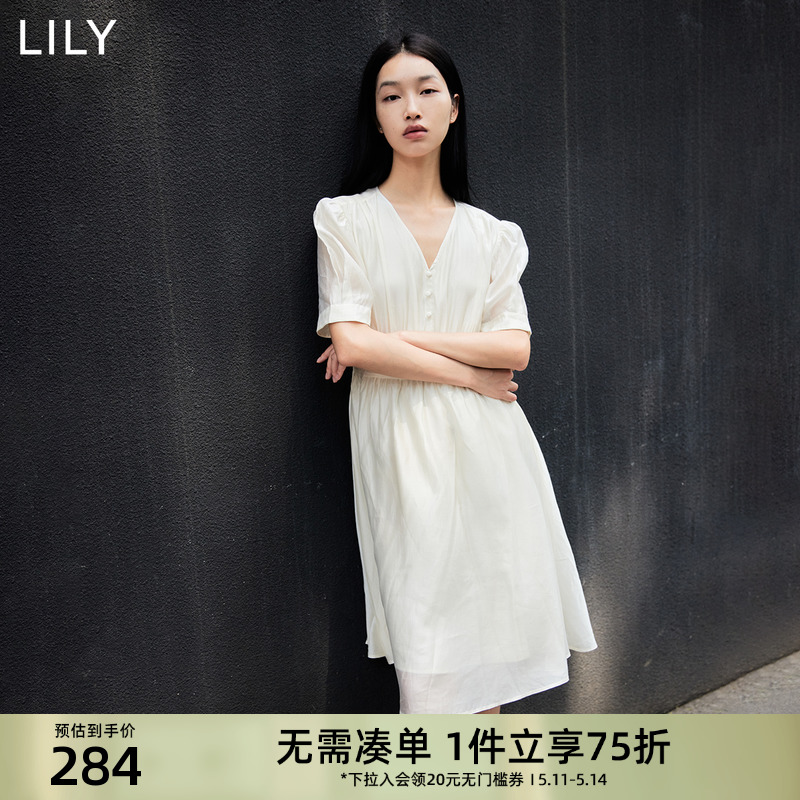 LILY泡泡袖V领白色天丝a字连衣裙女气质设计感高级感通勤裙子