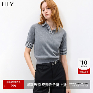 女装 LILY2026秋新款 含羊毛复古假两件翻领通勤套头短袖 针织衫 上衣