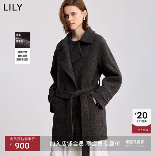 LILY混纺简约收腰中长款毛呢外套