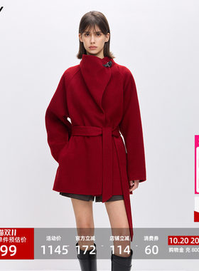 【商场同款】LILY2025冬新款含羊毛骆驼绒大红色毛呢外套女中长款