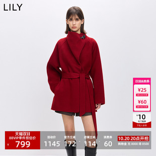 【商场同款】LILY2025冬新款含羊毛骆驼绒大红色毛呢外套女中长款
