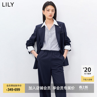 LILY2026春新款女装复古经典驳领休闲气质职业通勤藏青色西装外套