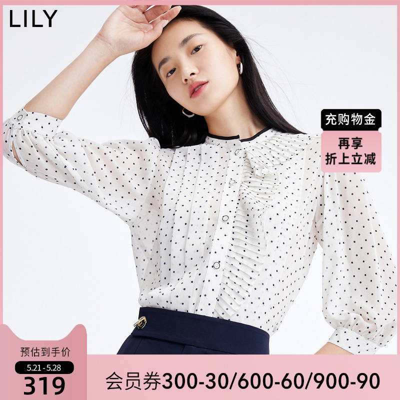 LILY2022夏新款女装小众复古设计感波点上衣宽松垂感雪纺衫衬衫