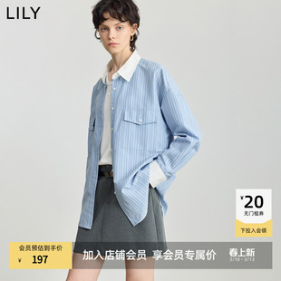 LILY2025冬新款女装复古撞色竖条纹气质百搭宽松通勤长袖衬衫外套