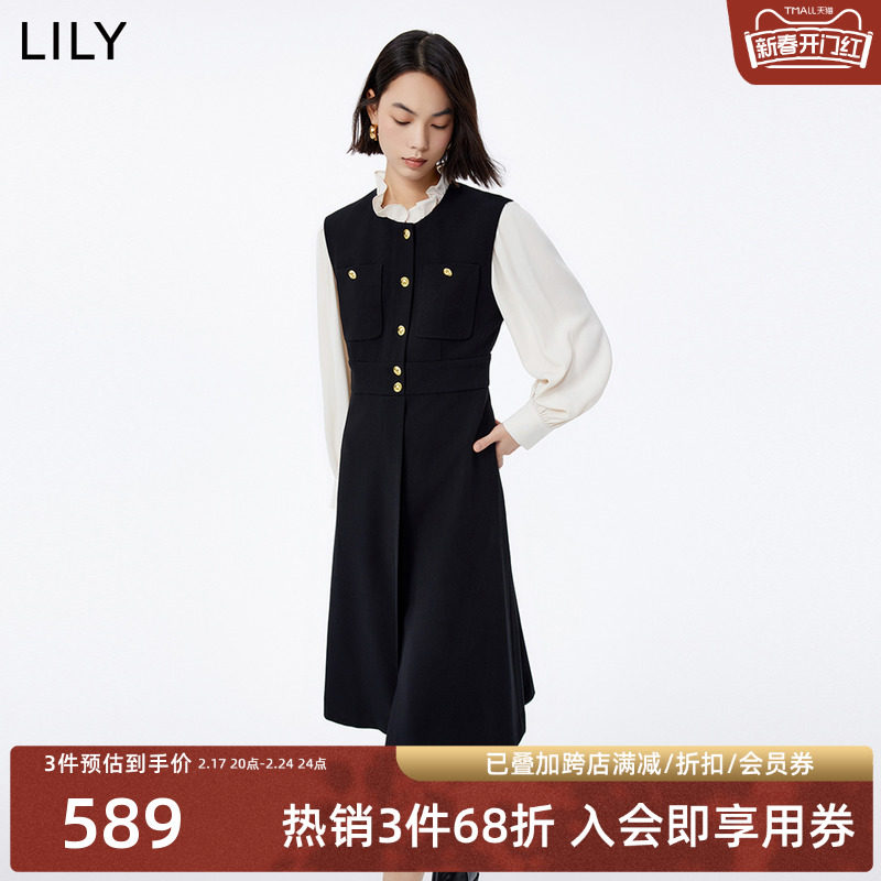 LILY2023冬新款女装设计感假两件气质通勤浪漫花边领衬衫连衣裙女