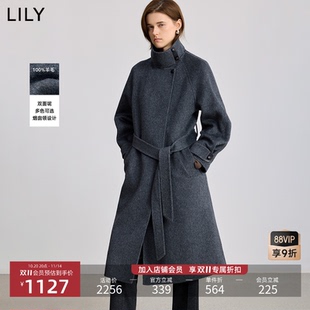 100%羊毛LILY2025冬新款 烟囱领腰带气质通勤双面呢毛呢外套女长款