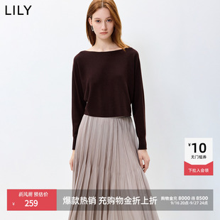 LILY2026秋新款女装复古一字肩蝙蝠袖宽松休闲通勤深色套头针织衫