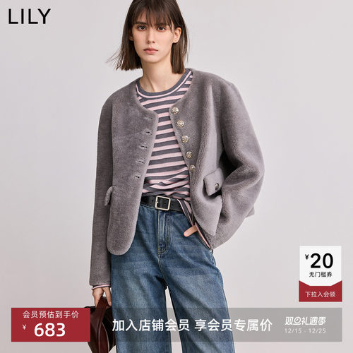 LILY绵羊毛小香风圆领外套