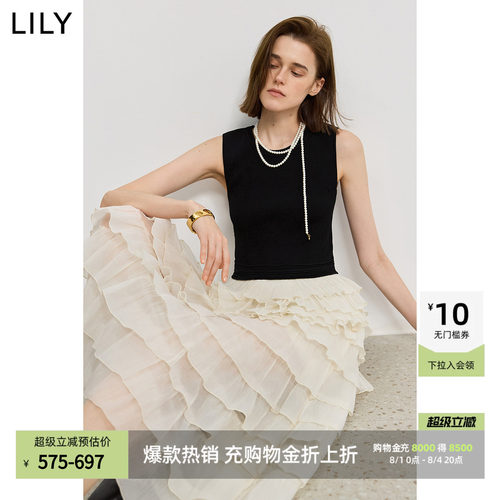 LILY通勤拼接复古收腰无袖连衣裙