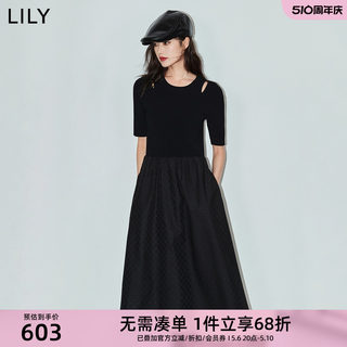 LILY2024夏新款女装设计感拼接气质通勤时尚高腰A字连衣裙小黑裙