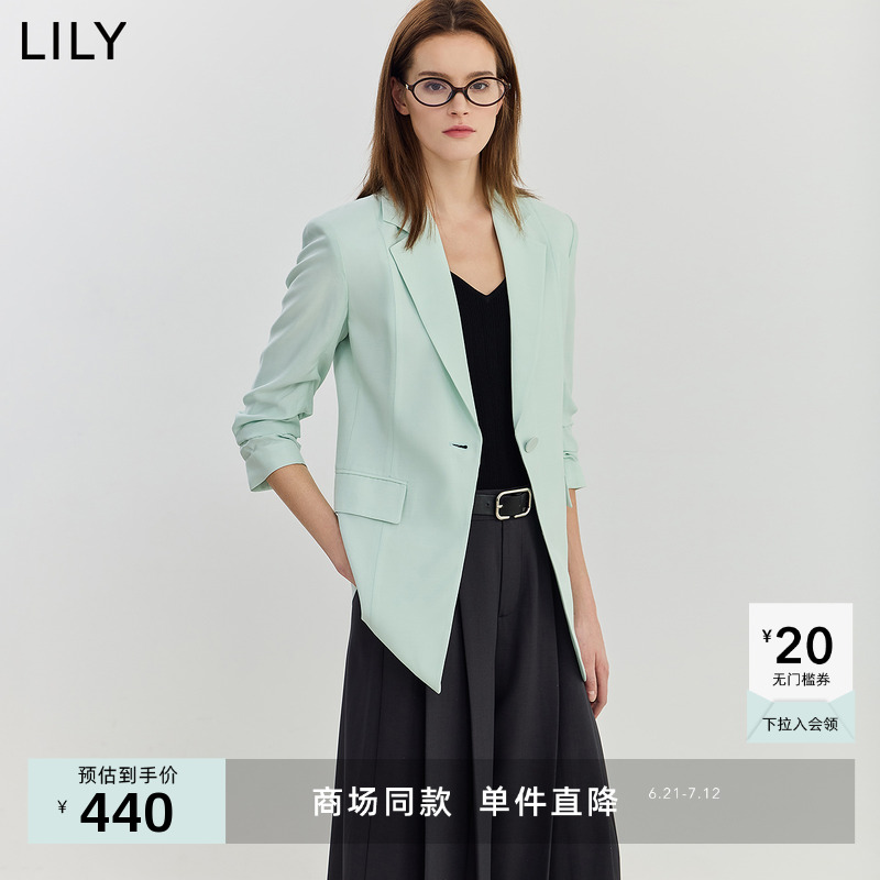 【专柜甄选】LILY2024夏新款女装含绵羊毛垂坠醋酸七分袖西装外套
