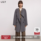 LILY2025冬新款 女装 羊毛山羊绒格雷系半高领高级感双面呢毛呢大衣