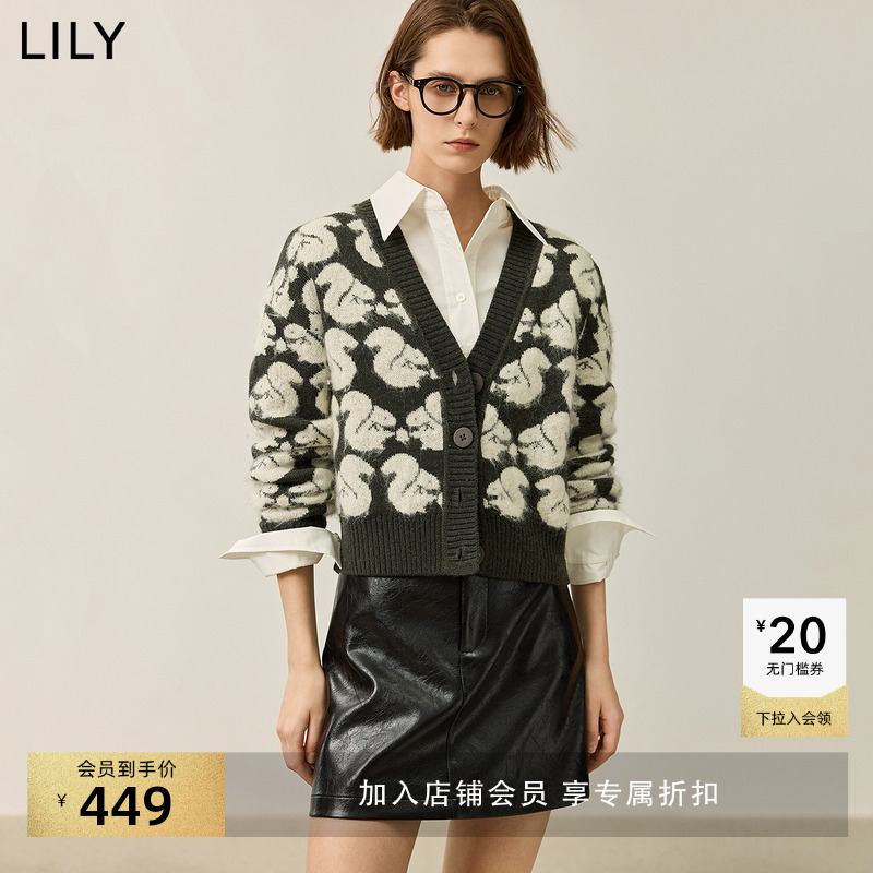 LILY老花V领百搭松鼠印花开衫