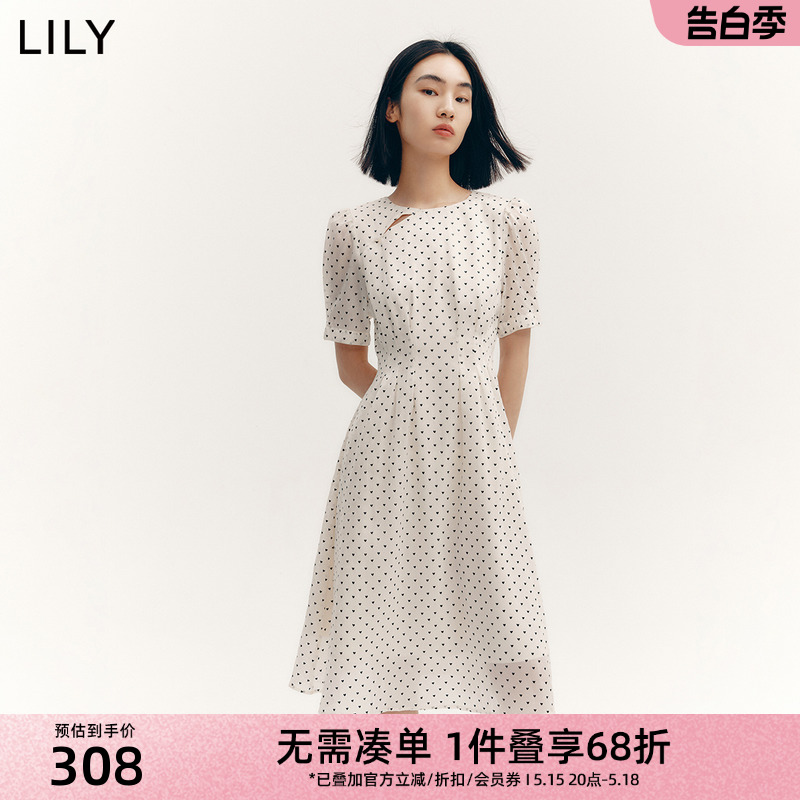 LILY女装时尚复古波点纯色短袖别致显瘦高腰度假风连衣裙气质