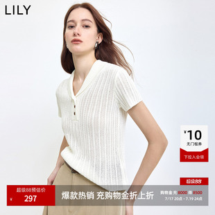 LILY2026夏新款女装莱赛尔亚麻混纺小翻领V领修身纯色短袖针织衫