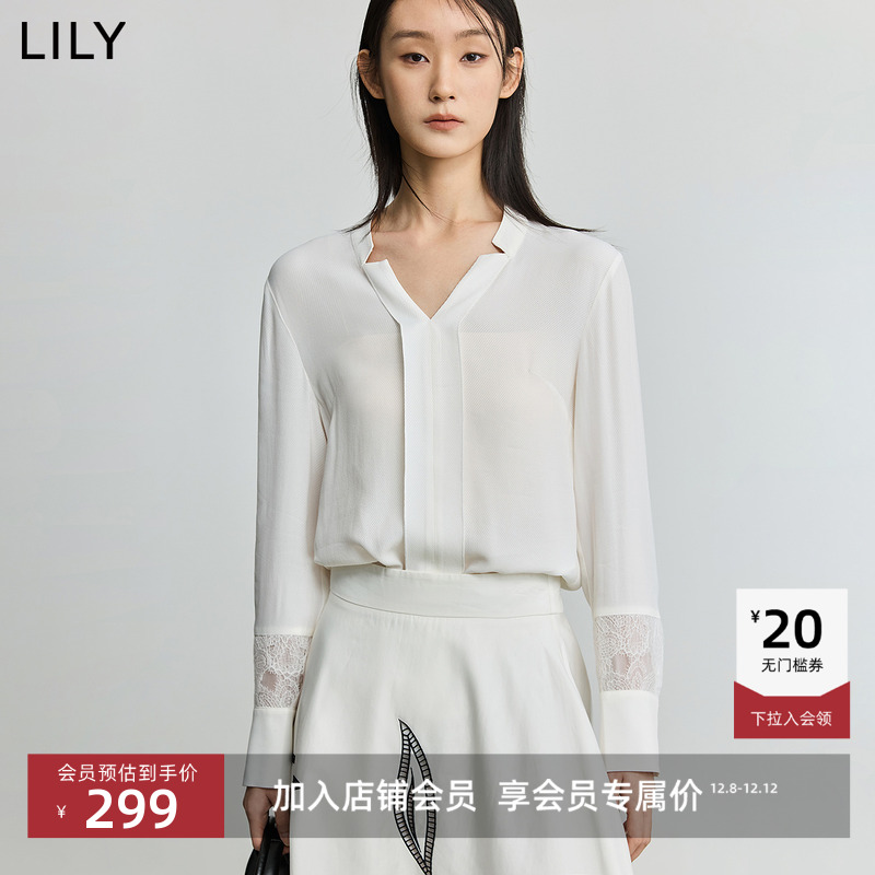LILY欧根纱蕾丝拼接白色套头衫
