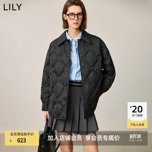 领90鸭绒黑色羽绒服外套中长款 LILY2025冬新款 菱格纹衬衫 经典 女装