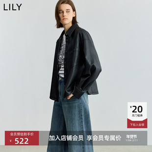 LILY2025新款女装复古工装机车风落肩翻领通勤黑色夹克外套短款