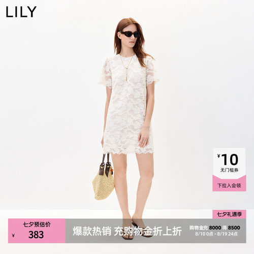 LILY钩花通勤蕾丝短袖法式连衣裙