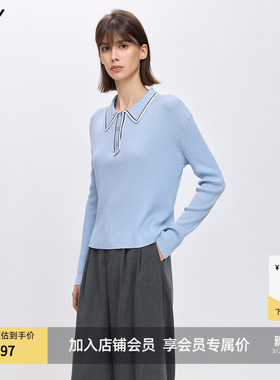 LILY2026春新款女装含羊毛撞色POLO领休闲气质通勤修身蓝色针织衫