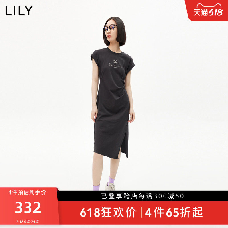 LILY2023夏新款女装气质通勤款舒适全棉洋气抽褶显瘦收腰款连衣裙
