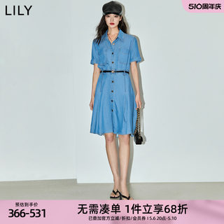 LILY2024夏新款女装复古休闲通勤款中长款牛仔衬衫连衣裙小个子女