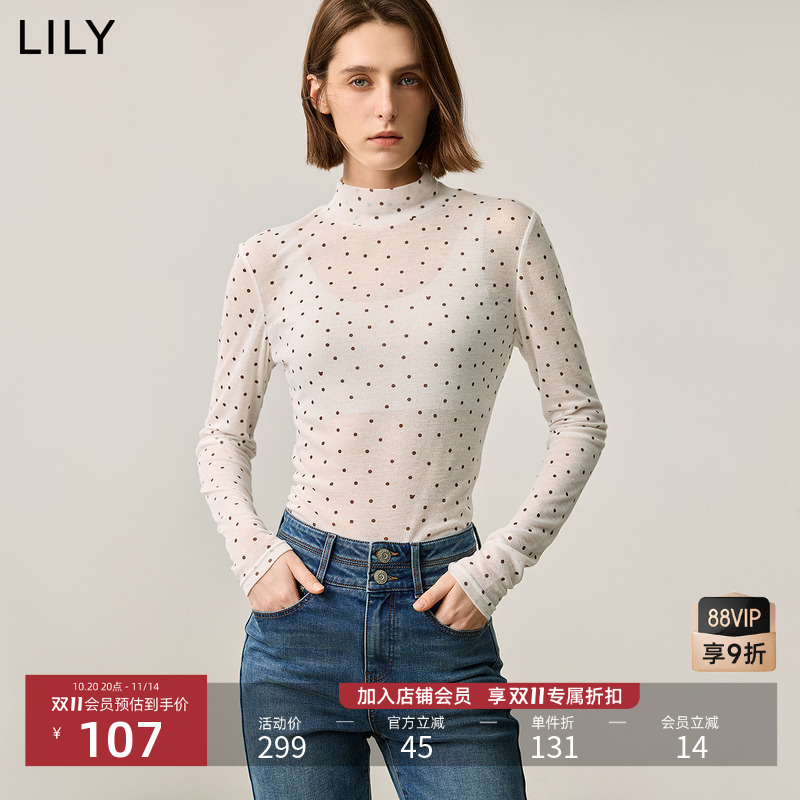 LILY高领长袖女装简约波点打底衫