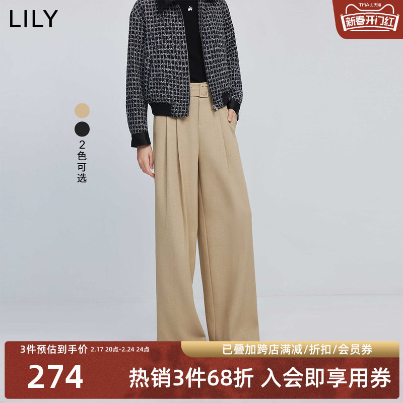 LILY2024春新款女装设计感别致双褶气质通勤款显瘦阔腿西装休闲裤