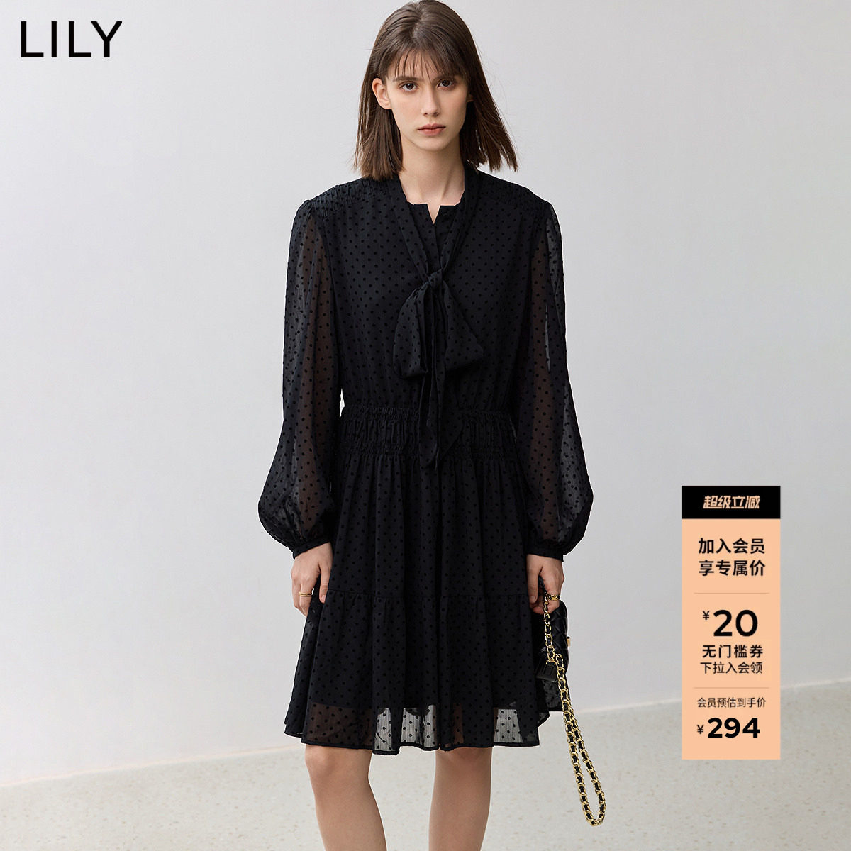 【商场同款】LILY新款复古波点飘带垂感收腰连衣裙女小黑裙