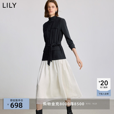 LILY2025冬新款女装羊毛混纺含莫代尔醋酸撞色拼接收腰连衣裙长裙