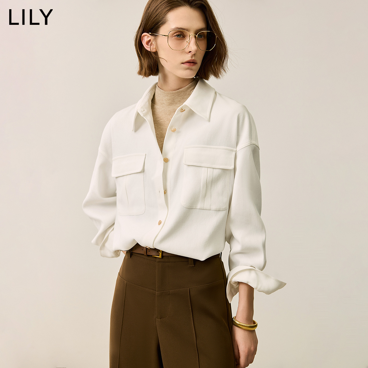 LILY2024冬新款女装法式优雅垂感直身贴袋百搭通勤长袖衬衫女内搭
