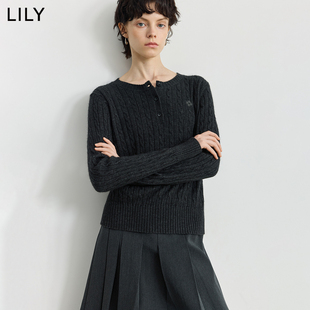 LILY2025冬新款女装羊毛兔毛混纺老钱风亨利领气质通勤针织衫毛衣