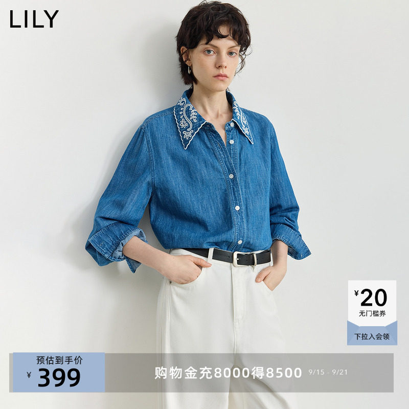 LILY2025冬新款棉麻复古镂空绣花宽松休闲通勤深色牛仔外套女上衣
