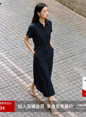 LILY2026夏新款复古经典翻领收腰休闲商务通勤藏青色连衣裙女长裙