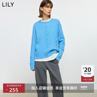 LILY2025冬新款含羊毛绞花软糯宽松通勤蓝色圆领套头针织衫毛衣女