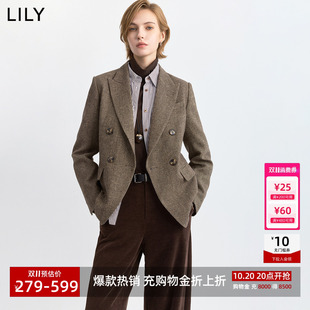 LILY2026冬新款女装复古英伦风粗花呢双排扣休闲通勤毛呢西装外套